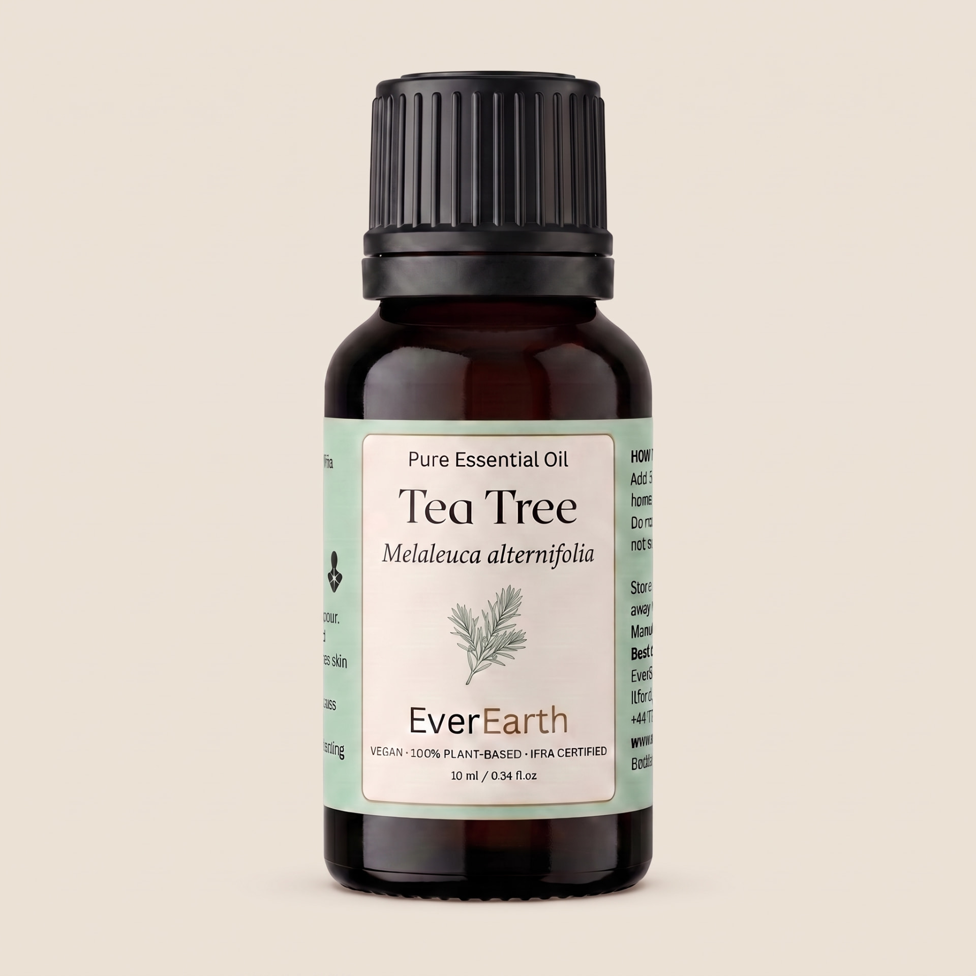 EverEarth Tea Tree essential oil 10ml black glass bottle