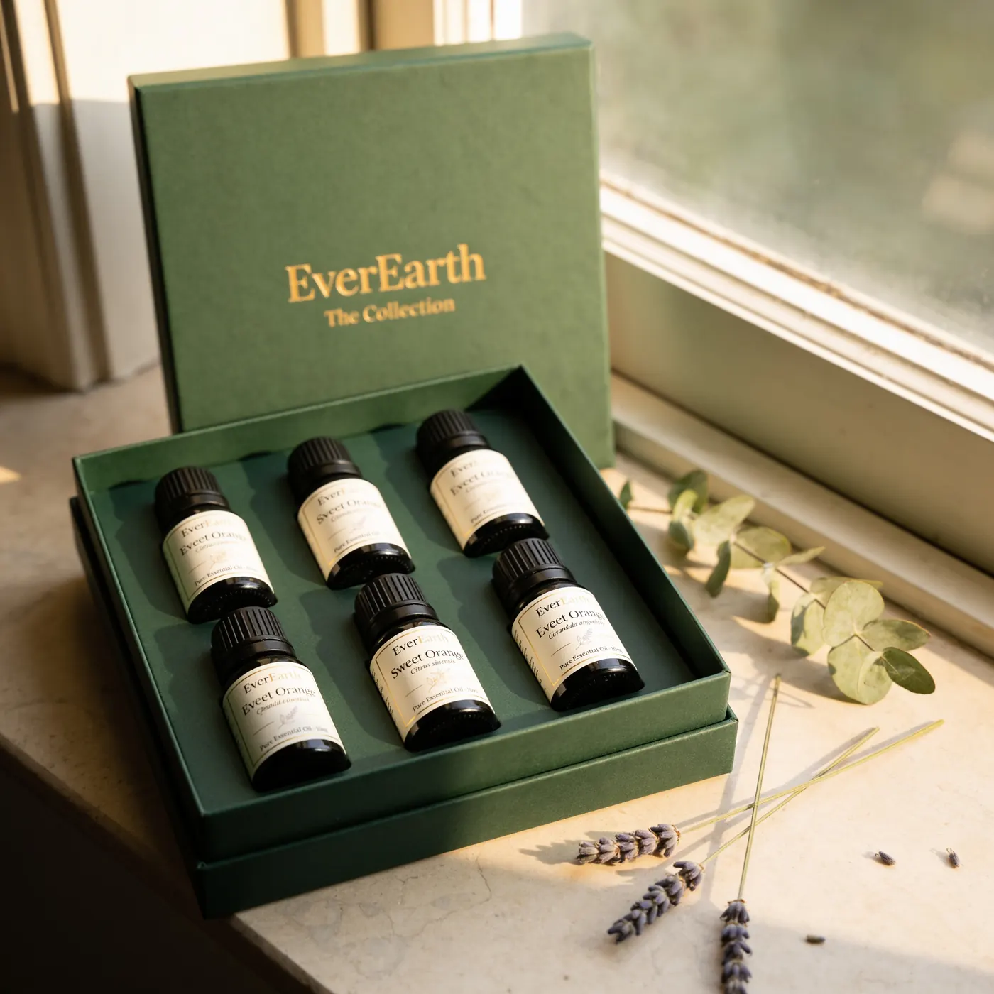 The EverEarth Collection, six essential oil bottles in a presentation gift box