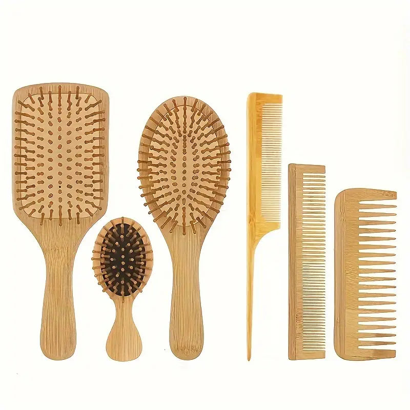 6-Piece Bamboo Hair Care Set – Brushes & Combs for Healthy, Tangle-Free Hair